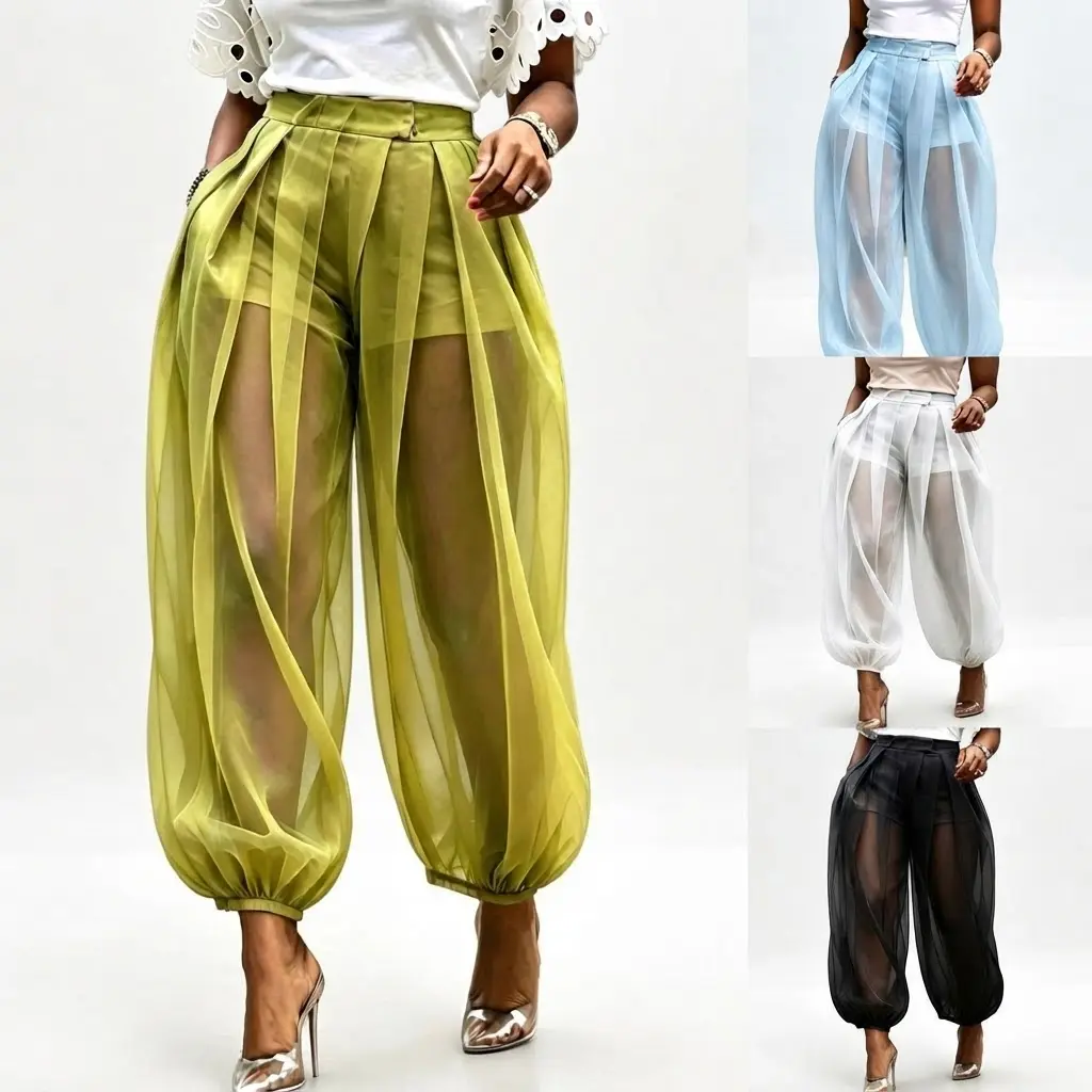 Women's Sheer Mesh Balloon Pants, Plain 4-Color Baggy Harem Cut High Waisted Pleated Harem Pants with Built-in Shorts, Lightweight Wide Leg Baggy Trousers, Flowy Beach Cover Up Pants for Summer Vacation, Boho Casual Streetwear