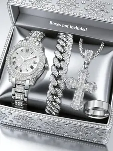 Silver Color Stainless Steel Watch Band Roman Design Quartz Watch, Cuban Link Bracelet, Cross Pendant Necklace, Unisex Fashion Watch Set