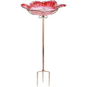 Outdoor Bird Bath Glass Birdbath  Birdfeeder with Metal Stake Red