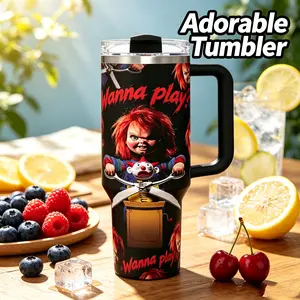 40oz Chucky Horror Movie Tumbler with Handle and Straw Insulated Stainless Steel Cup Leakproof Lid Large Capacity Hot and Cold Drink Travel Coffee Tea Sports Gym Bottle Reusable Thermal Mug Back to School Viral Aesthetic Gift