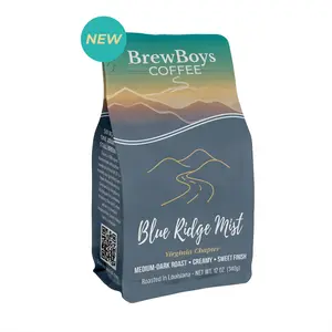 BrewBoys Coffee Blue Ridge Mist Virginia Chapter Medium-Dark Roast 100% Arabica Central & South American Blend 12 oz Smooth Creamy Sweet Finish