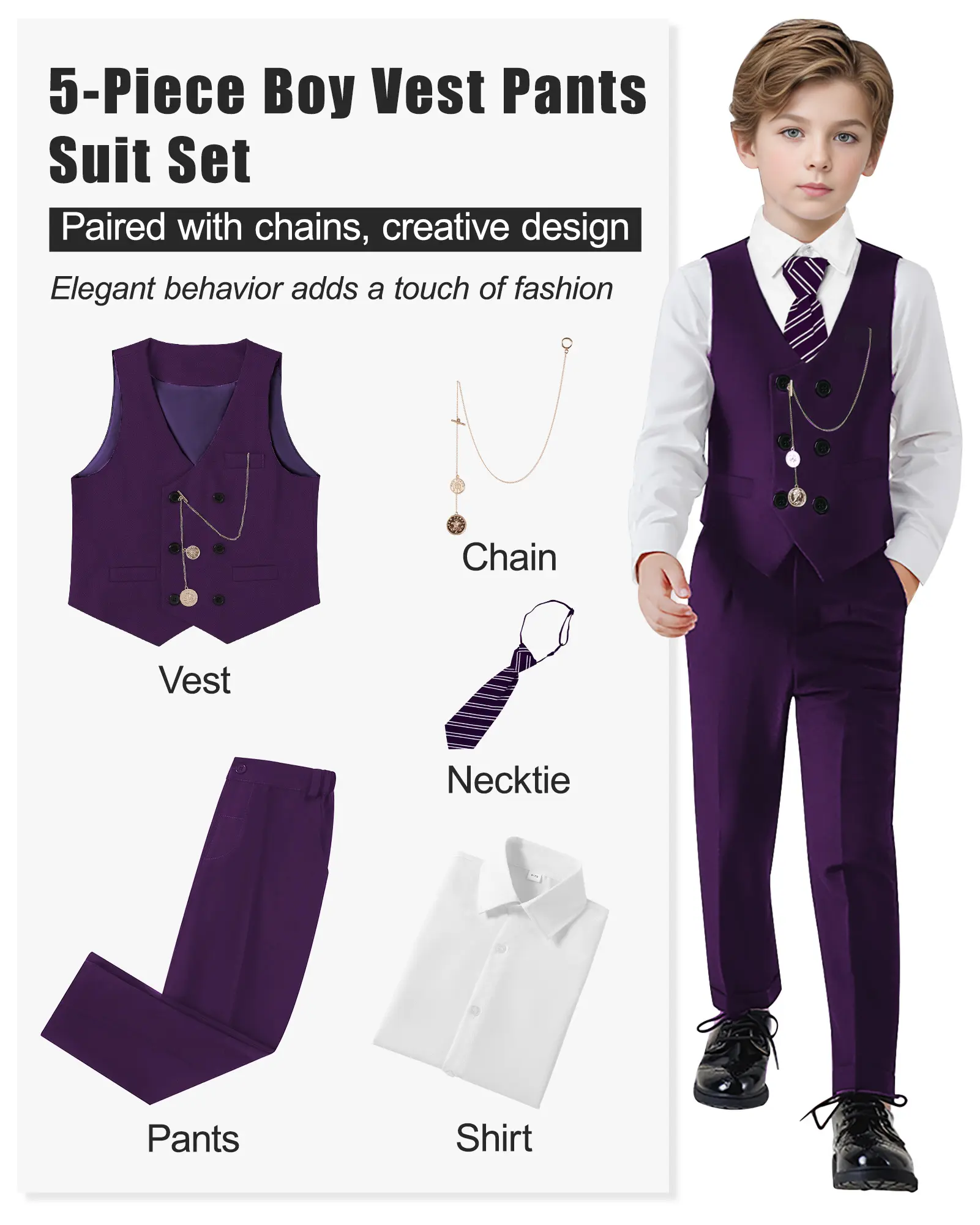 Boys' 5-Piece Classic Cotton Blend Formal Suit with Vest, Suspenders, Bow Tie & Straight Pants - Kids' Wedding, Thanksgiving, Easter, Christening, Baptism Attire for Ages 6-10