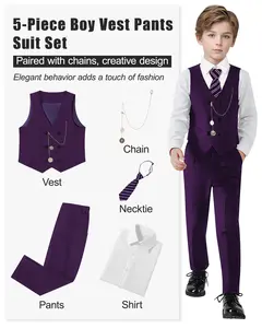 Boys Suit Formal Dress Clothes Big Boy Wedding Outfit Vest Pants Dress Shirt Chain Adjustable Tie 6-10Y Cotton Blend Gentleman Suit with Decorative Pockets and Removable Bow Tie