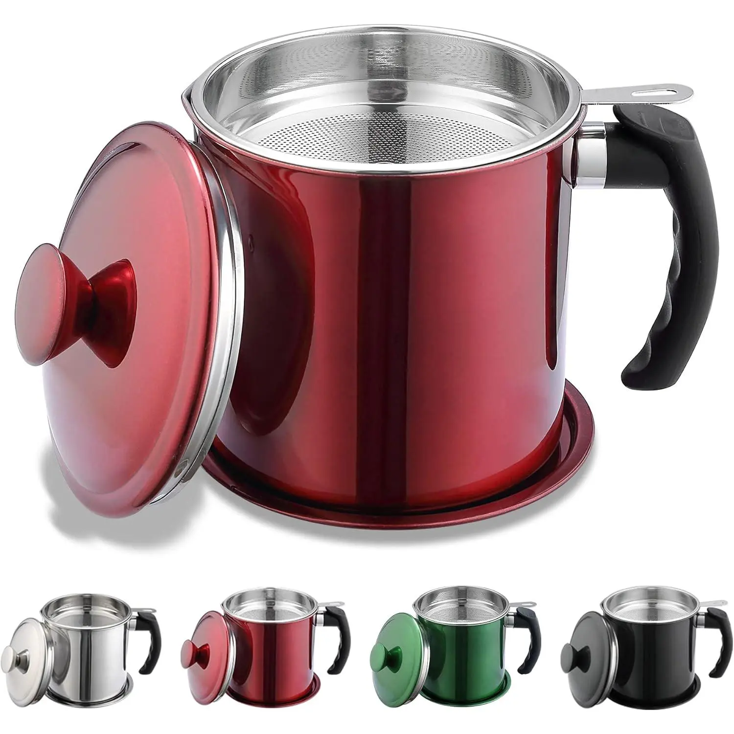 48 oz Shining Red Stainless Steel Kitchen Bacon Grease Container with Strainer, Lid & Easy-Grip Handle for Frying Cooking Oil Storage Pot, Rustic