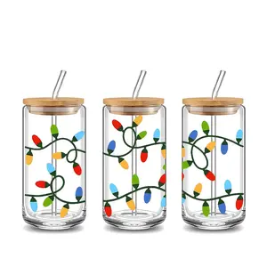 Fashion Tangled Christmas Lights Design 16oz Glass Tumbler with Lid & Straw, reusable glass drinking cup, Sublimation tumblers, suitable for iced coffee, cold drink glass cups, glassware. Perfect gift for coffee lover