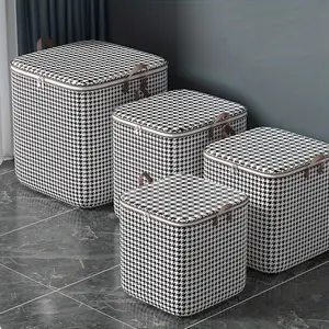 3 Pack Houndstooth Print Foldable Storage Bags with Zipper, Large Capacity 100L/140L/180L Non-Woven Clothes Blanket Organizers, Moving & Travel Home Storage Bags