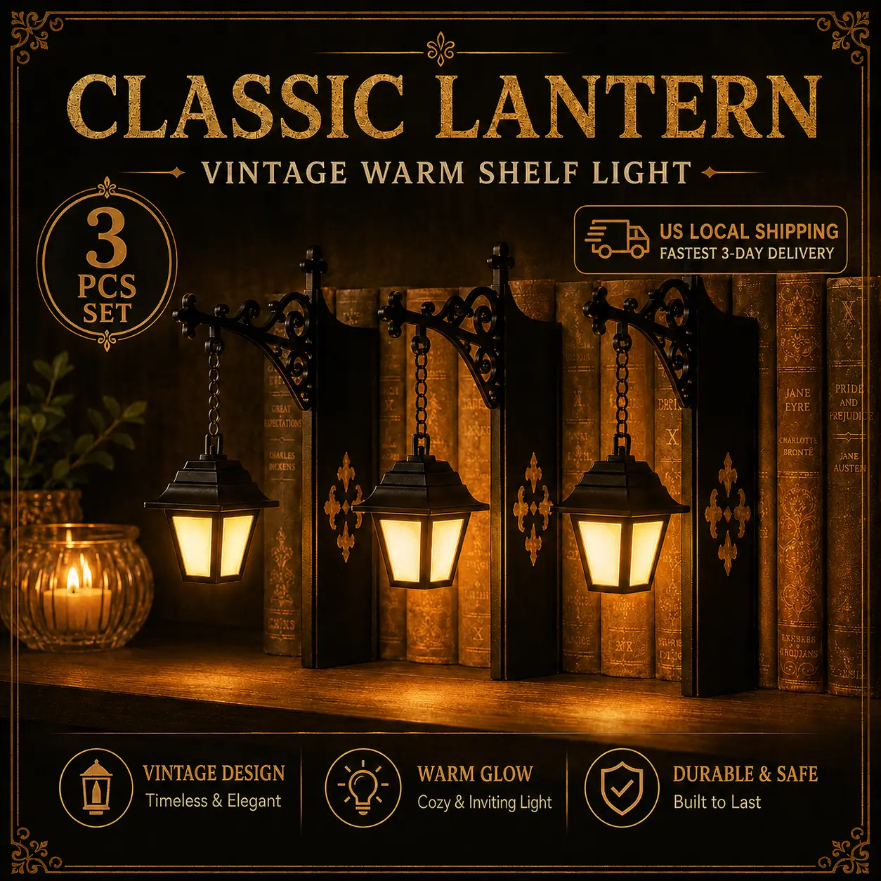 1/3-Pack Gothic Scroll Library Lanterns, Ambient Glow Bookshelf Lamps for Indoor Use, Cozy Mini Hanging Decorative Lamp, Warm LED Nightlight, Halloween Festive Home Supply
