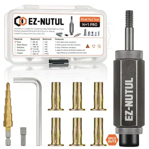 Multi-Grip Rivet Nut Installation Tool Set Pre-Bulbed Shank Flat Head Threaded Insert Nut Assortment Kit Cross Rivnut for Construction Industrial 1/4-20 6pcs Plus Nut Tool