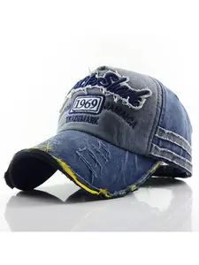 Unisex Vintage Denim Baseball Cap, Adjustable Strap, Worn Edge Design, Fashion Headwear, Retro 1969 Style, Casual Streetwear