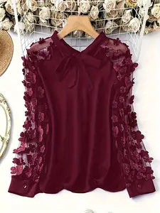 Butterfly Knot Neck Floral Mesh Sleeve Fashion Beaded Shirt Blouse, Stylish Women's Top Womenswear, Elegant Casual Wear, Perfect for All Occasions
