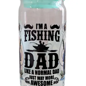 Fishing Dad Beer Can Glass with Acrylic Lid and Glass Straw - 16 oz Capacity - Ideal for Drinks - Bottle, Drinkware Water Bottles Washable Reusable Tumbler Coffee tumblers cocktail glassware