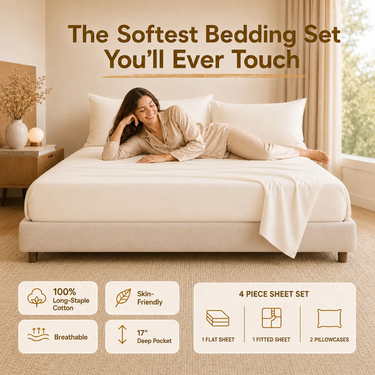 CieloCloud Bed Sheet Set with Drawstring and 360° Elastic, 4PCS 100% Long-Staple Cotton  Sheets Set, Luxury Soft, No Slippage, Anti-Pilling, Deep Pocket Fits 8 to 14" Mattress