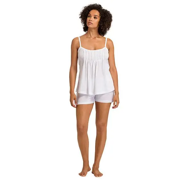 Short Pajama Set for Women, Elegant 2-Piece Mercerized Cotton Nightwear with Pleated Cami and Adjustable Straps, Pajamas Sets, Spaghetti Neck, Pull-On Shorts, 100% Cotton Pajamas Sets