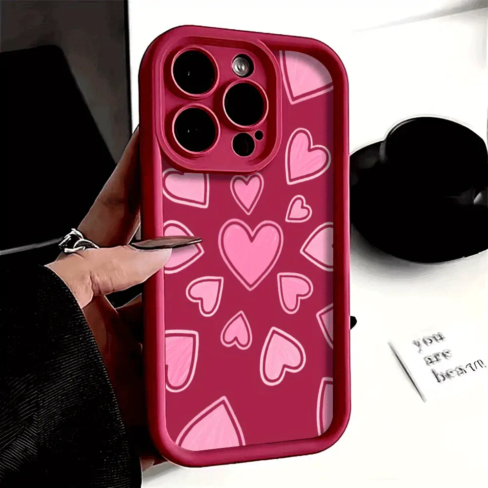 Pink Heart Burst Pattern Silicone Smartphone Case - Shockproof Waterproof Casing with TPU Lens Protector, Durable Soft 2D Printing Accessory for iPhone 17 Pro Max,16,16e,15,14 Plus,13,12 Mini,11,Air,X,XS - Ideal Device Gift, Cover, Protective