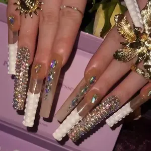 10pcs Handmade Press on Nails, Long Nail Supplies, 3D Floral Design, Clear Cute Fake Nail Tips, Glue-On Nails for Wedding Party Christmas, Shimmery Finish, Flower Design Nails