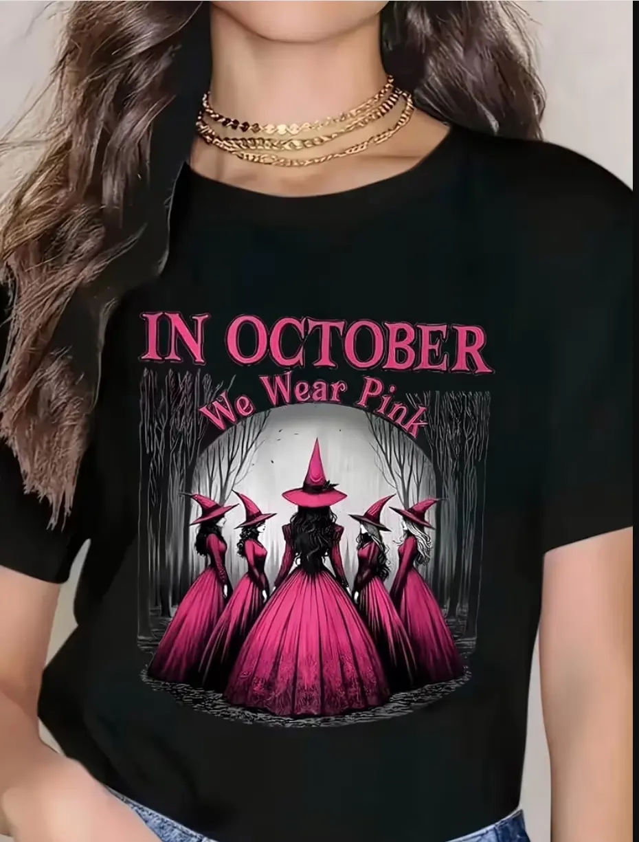 Women's Gothic Witch T-Shirt - Pink and Black Color Scheme, Suitable for Halloween Costumes, Printed with Witch Hat and Bat Patterns, Crew Neck Casual T-Shirt, Ideal for October Parties and Themed Cosplays, Machine Washable cotton tee