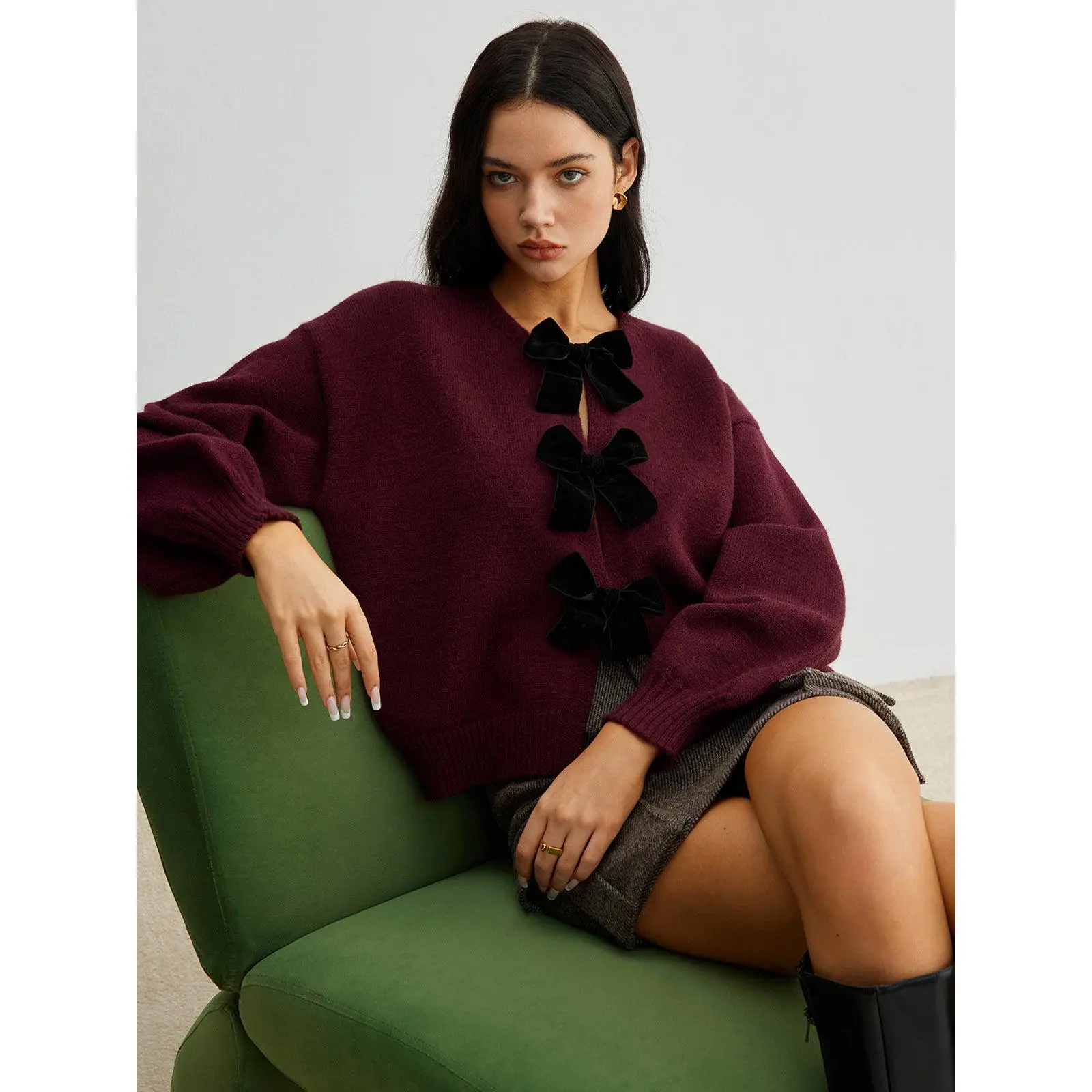 Velvet-Bow Lantern Sleeve Sweater