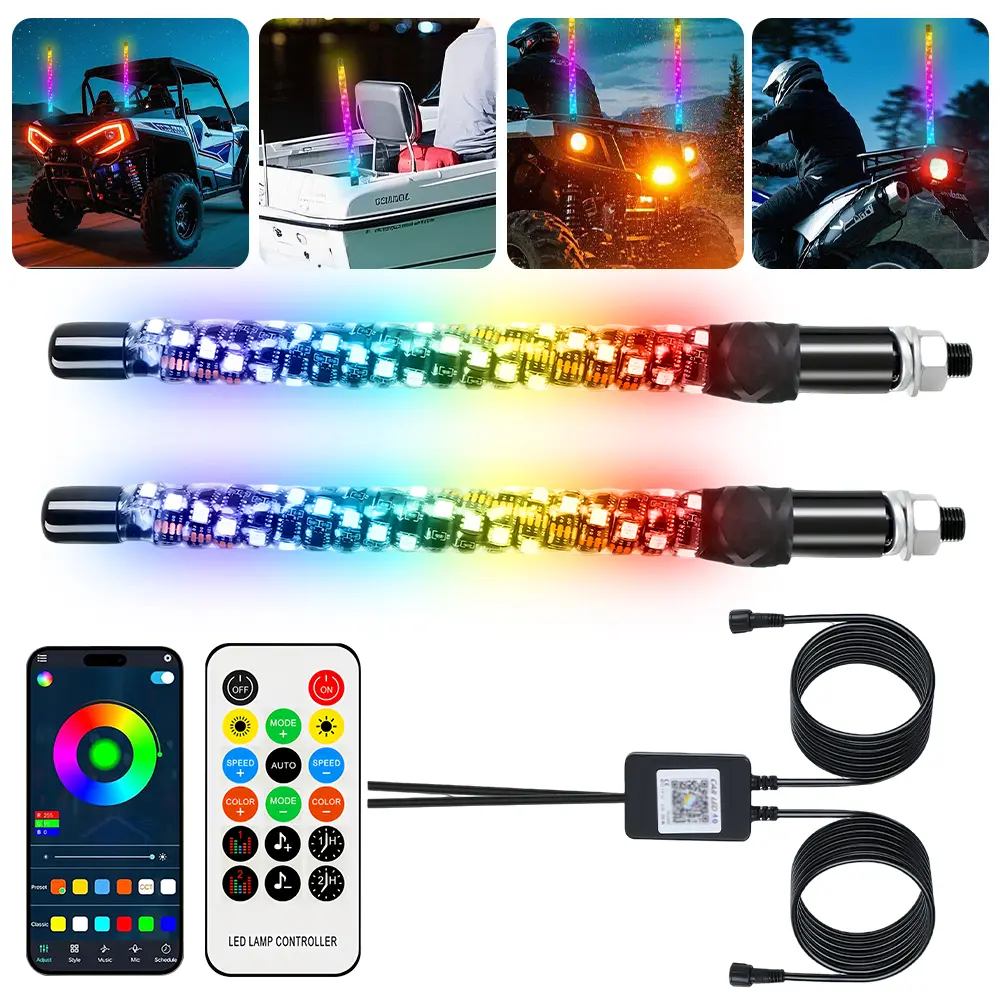 Pair 1ft RGB LED Whip Light-, Waterproof Whip Light, Spiral Illuminated Antenna, with Bluetooth APP and RF Remote Control, IP67 Waterproof