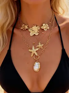 Elegant Four-Piece Necklace Set, Flower Starfish Faux Pearl Pendant, Metal Chain, Beach Vacation Jewelry, 4-Pack Clavicle Chains, Dainty Boho Necklace