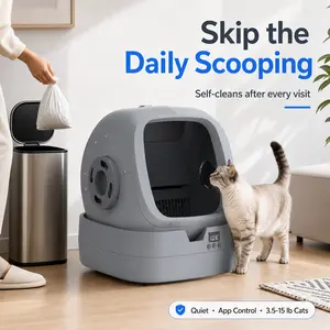 Automatic Self-Cleaning Cat Litter Box for Cats 3.5-15 lb, No Scooping, Quiet Odor Control, App Weight Monitor, Includes Litter Mat & Scoop