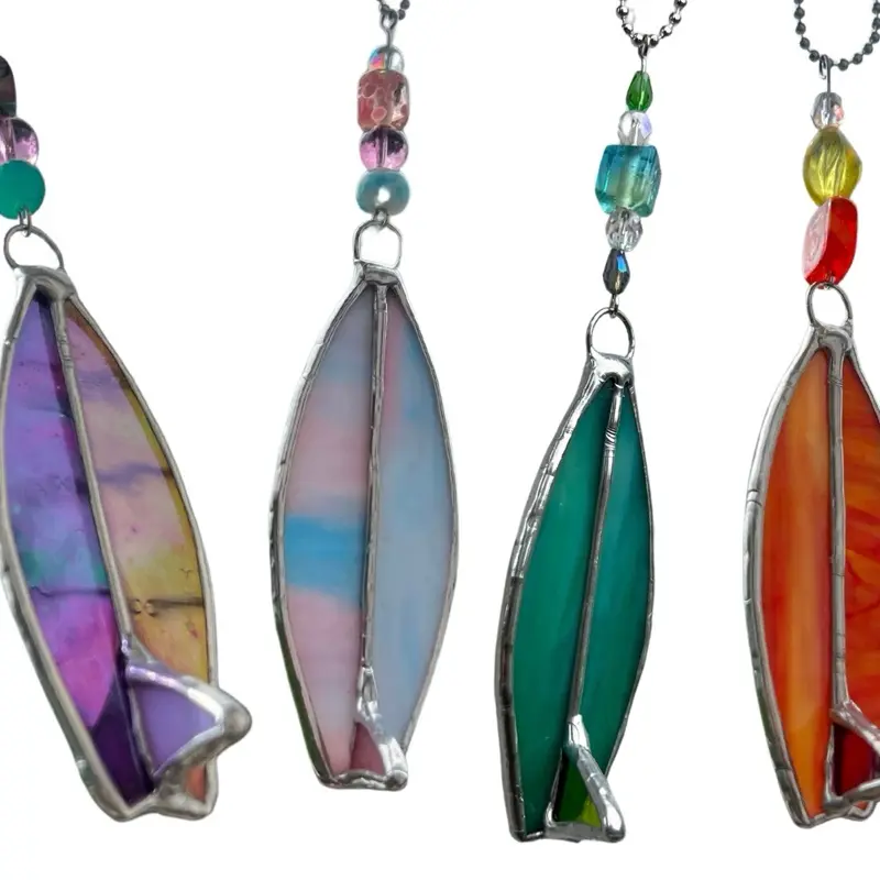 Stained Glass Surfboard Car Charm | Beaded Rearview Mirror Accessory | Beach Decor Gift | Handmade Coastal Ornament | Gift For Surfer