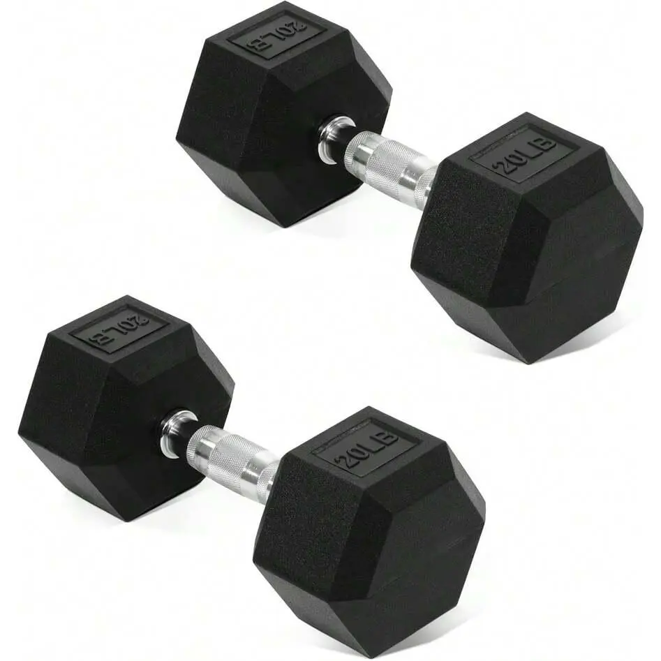 Rubber Hex Dumbbells, 20 lb Pair of Fitness Enhancing Cast Iron Weights with Textured Steel Handles, Anti-Roll Design for Full-Body Home Gym Workouts, Rubber Hex Dumbbell, Fitness Enhancing Dumbbells