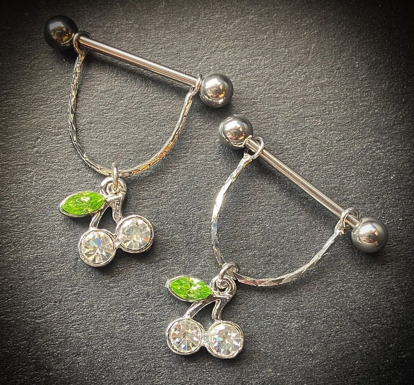 PAIR Nipple Rings Cherry Gem Dangle Barbells Cherries Shields Piercing Jewelry