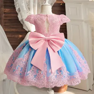 Lace Dress for Kids Girls Flying Sleeve Big Bow Cute Princess Party Baby Dresses 1-5 Years Birthday Gown Vintage Elegant Tulle Ceremony Costume