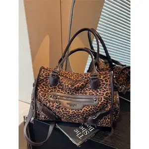 Vintage Leopard Print Tote Bag, Large Capacity Multi-Pocket Flap Pocket Design Crossbody Bag, Women's Versatile Commuter Suede Handbag Shoulder Bag