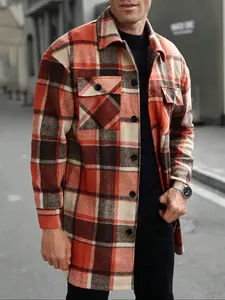 Men's color-blocked plaid Checked lapel mid-length coat Jackets, autumn regular casual Knit fashion Fitted comfortable trench coat, daily autumn outfit, fashionable trend's trench coat, men's clothing.