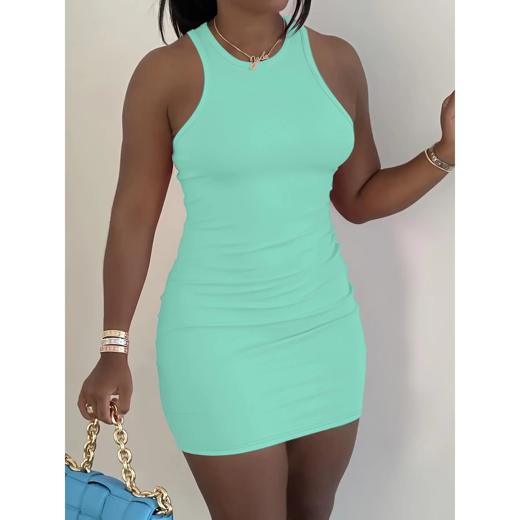 Women's Sports Dance Knitting Polyester-Elastane Fitted Bodycon Dress - Solid Crew Neck, Sleeveless, Ruffled Bag Hip Stylish Design, Plain, Dry Clean, Machine Washable, Micro Elasticity, Cute, Clothes, Polyester Knit, Chic