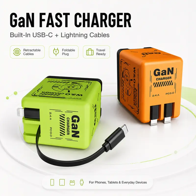 W&O GaN USB Fast Charge Wall Charger - Built-In Retractable USB-C & Lightning Cables, Foldable All-in-1 Travel Charger for Smartphone, Cellphone, Mobile & Electronic Devices