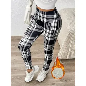 Women'sPlaidPrintThermalLinedLeggings,CasualComfyHighWaistSkinnyPantsforDailyWear,LadiesBottomsforWinter
