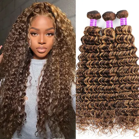 AMA P4/27 Ombre Highlight Deep Wave Bundles of Human Hair, Brazilian 3/4 Remy Hair Weave, Double Weft, Dye & Bleach Ready, Neat Clean Finish, Brown #Summervibes