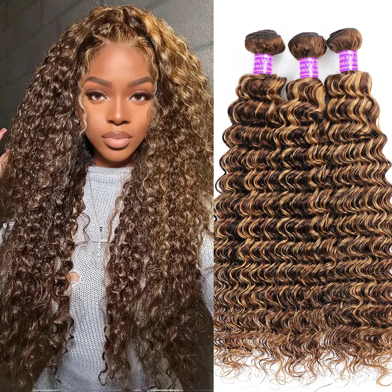 AMA P4/27 Ombre Highlight Deep Wave Bundles of Human Hair, Brazilian 3/4 Remy Hair Weave, Double Weft, Dye & Bleach Ready, Neat Clean Finish, Brown #Summervibes