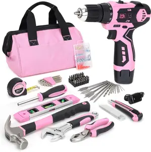 175- 12V Pink Drill Set, Cordless Lithium-ion Driver and Tool Kit, House Repairing Tool with 12-Inch Storage Bag, For DIY, Home Maintenance.