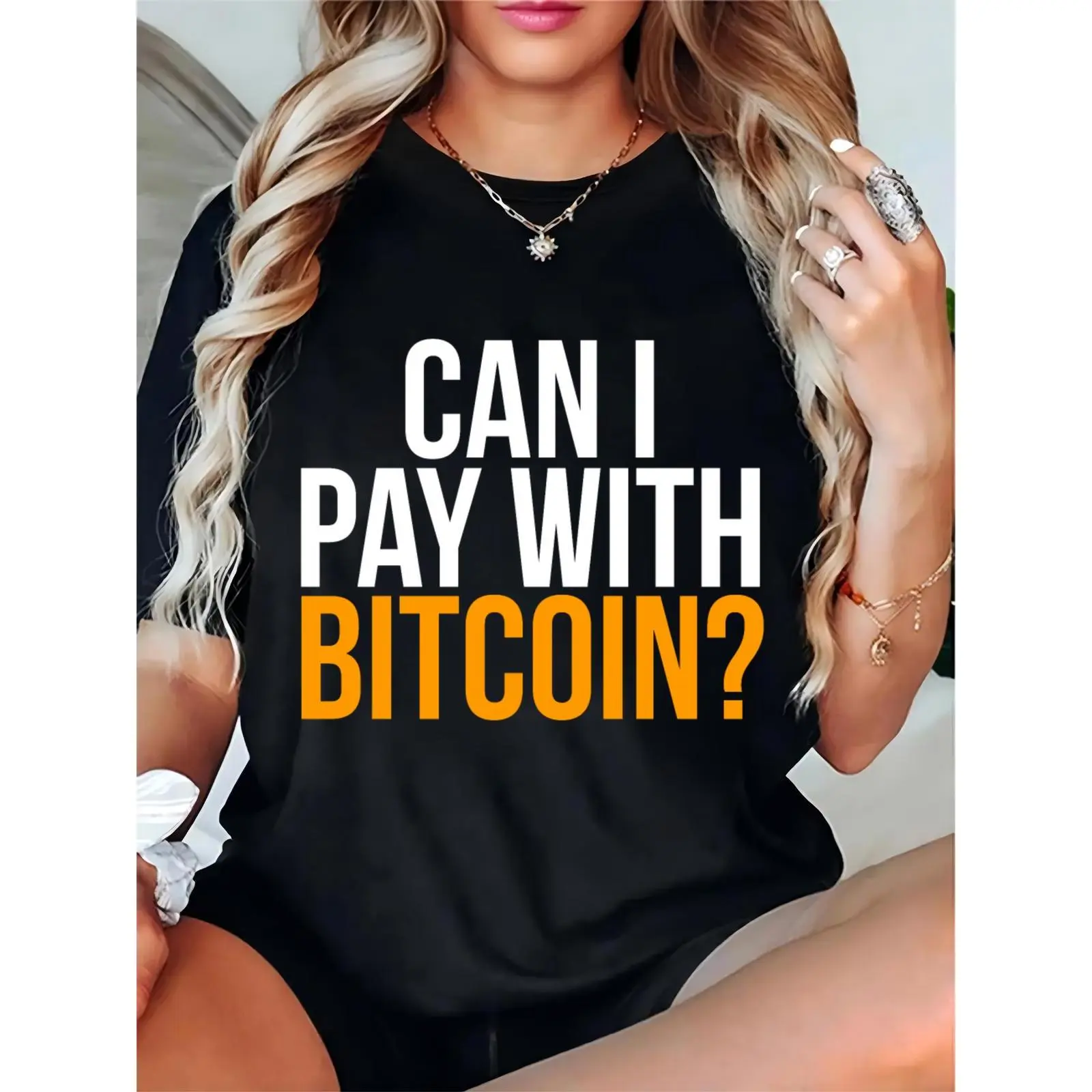 Women’s "Can I Pay With Bitcoin?" Graphic T-Shirt – Casual Crypto Enthusiast Tee for Daily & Casual Occasions, Funny Bitcoin Quote Top for Ladies, Basic, Shortsleeve