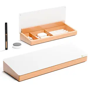 Glass Desktop Whiteboard with Wood Organizer for Small Office Accessories, Aesthetic Desk Dry Erase White Board with Drawer for Home Office Cubicle, Marker & Eraser Included