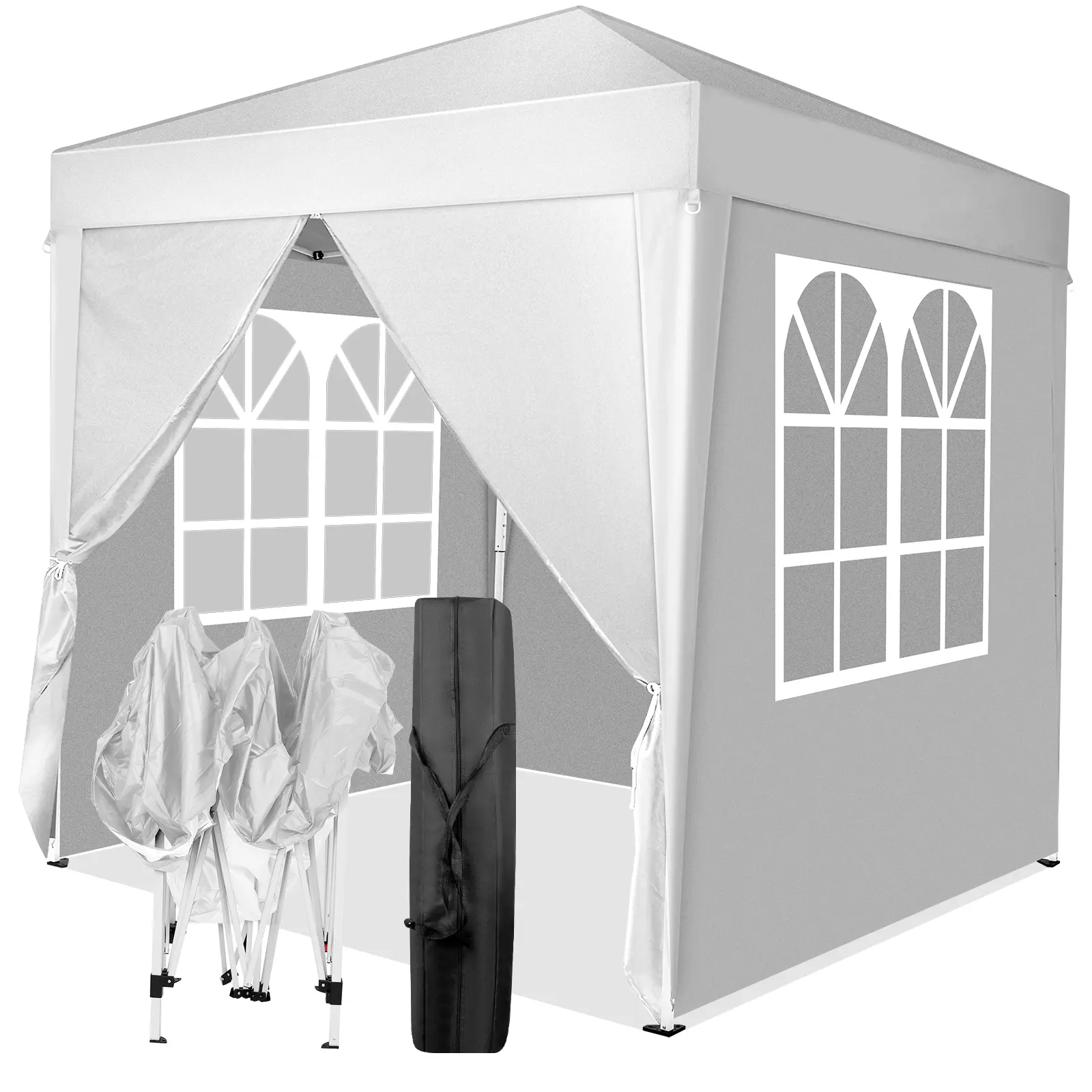 6.5×6.5 FT Canopy Tent, White Portable Outdoor Gazebo with Powder-Coated Iron Frame, Oxford Fabric, 4 Removable Sidewalls, 2 Doors, 2 Windows