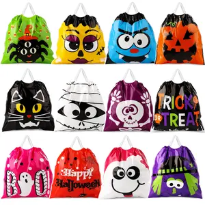 96 Pcs Halloween Goodie Bags Bulk, 12 Designs 6x6 Inch Mini Drawstring Treat Bags for Kids, Trick or Treat Party Favors, Classroom Prizes Halloween Supplies