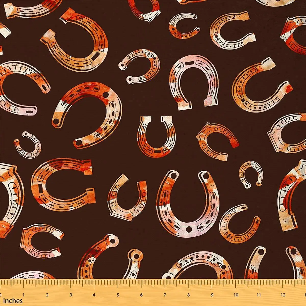 Retro Horseshoe Fabric Western Cowboy Rustic Style Fabric Sewing Supplies Watercolor Brown Orange Decor Horseshoe Fabric DIY Soft Flannel Polyester No Stretch
