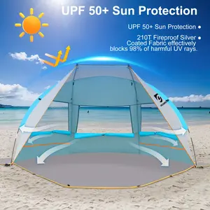 UNICAMPER Beach Tent 3 Person Sun Shelter UPF 50+ with Extended Waterproof Pe Floor & 3 Mesh Roll Up Windows Fits, Portable Beach Shade Easy Setup for Outdoor Camping, Indoor, Fishing, Yard. (Blue)