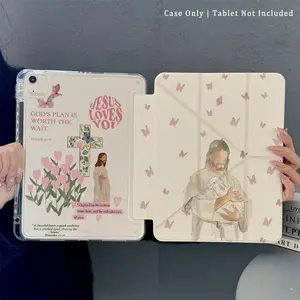 Elegant Aesthetic Christian Jesus Design iPad Case, Cute Butterfly & Tulip Pattern, Bible Verse Print, Fits iPad Generations & Pro Models