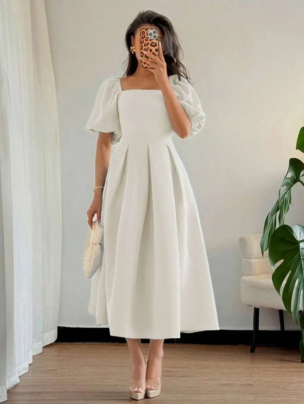 Women Elegant Minimalist Coffee Brown A-Line Dress,Puff Sleeves Pleated Hem Autumn Solid Dress For Commute,Office,Business,Tea Party,Casual,Vacation