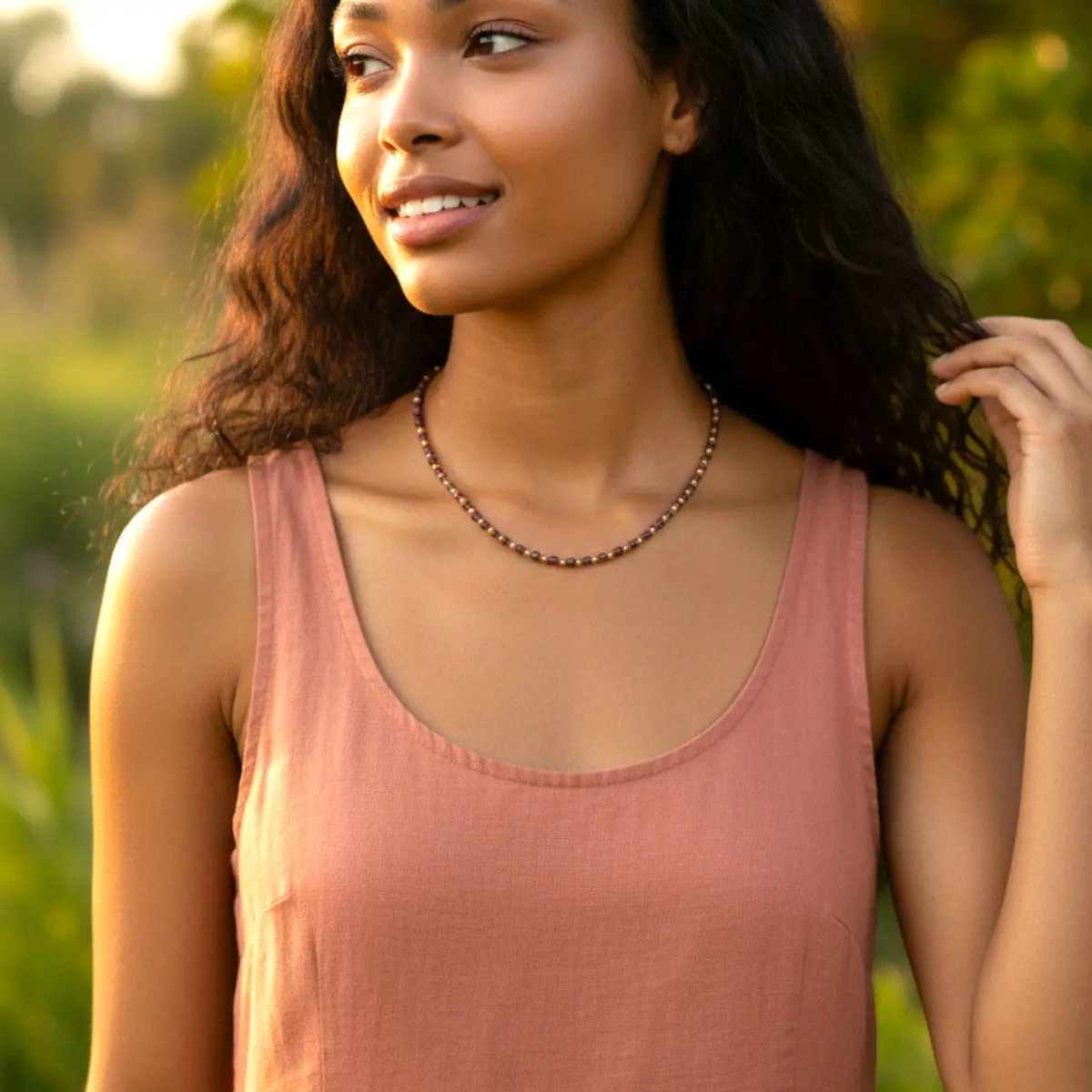 Garnet Gemstone with 14k Plated Beaded Necklace | 16" with 2" extension