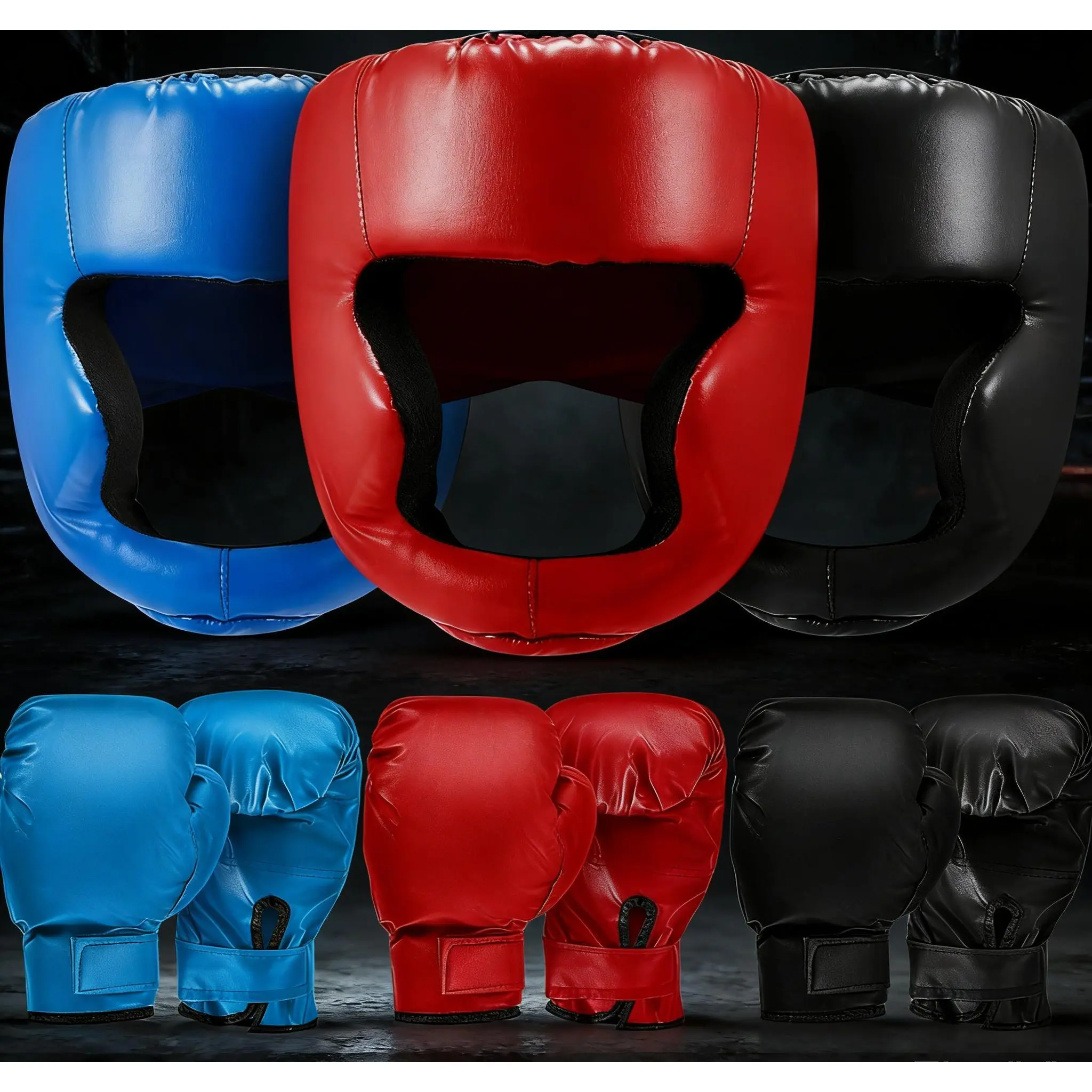 Boxing Gear Set 3 Pcs Headgear Gloves Shockproof Leather Training Helmet for Men Women Youth Beginners Punching Bag Protection