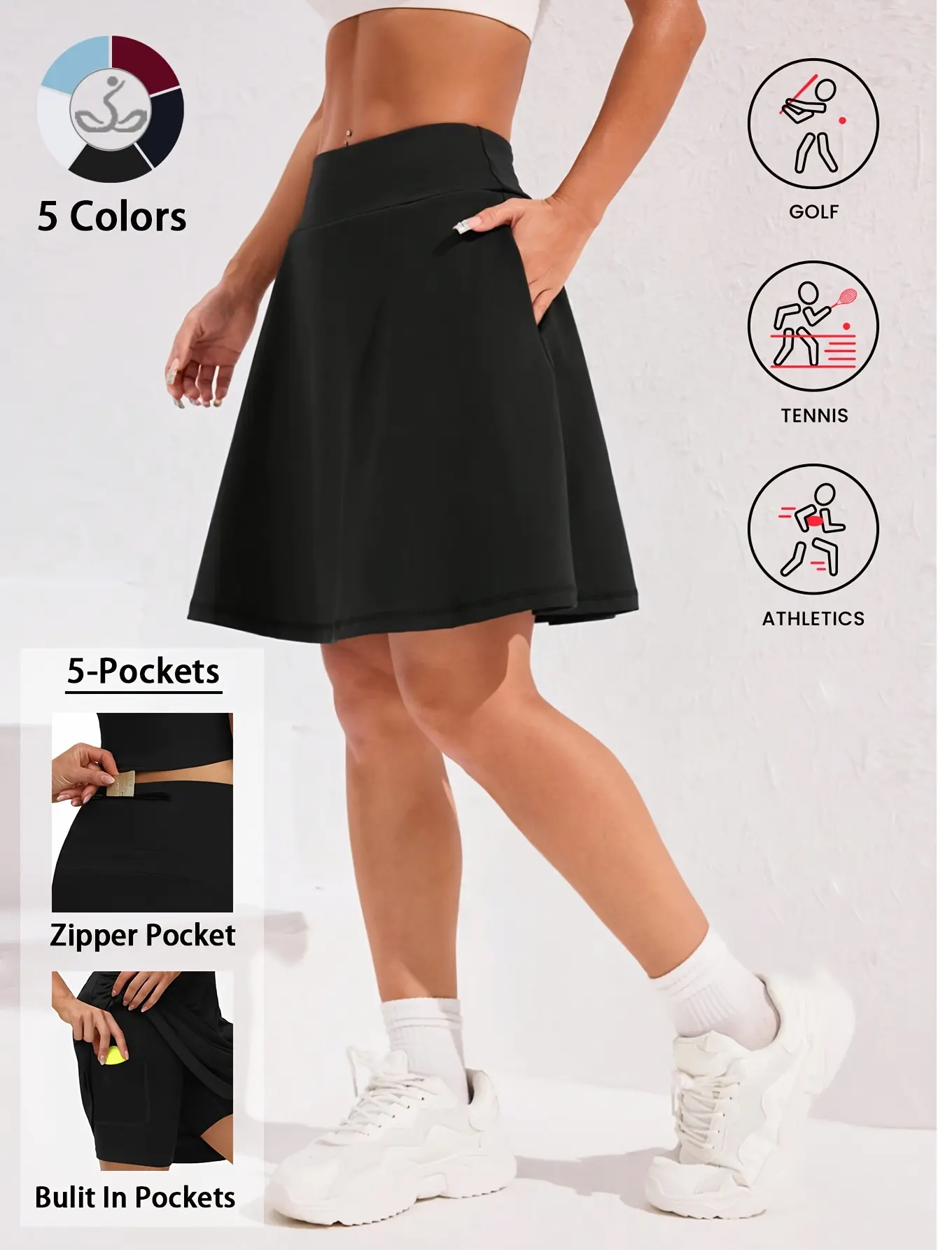 20-Inch Knee-Length Skorts for Women Featuring Five Pockets, High-Waisted Design, Suitable for Tennis And Golf, Long Athletic Skirt with Built-In Shorts