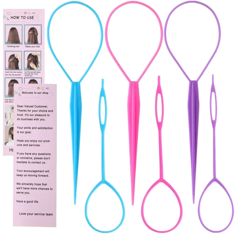 Women's Lightweight 6-Pcs Multi-Pack Tail Hair Tool Set - 2 Sizes, 3 Colors (Pink/Purple/Blue) Loop Styling Tool, Easy Detangle Ponytail Pull Through for Braids, Hair Securing, Anti-Tangle Accessories