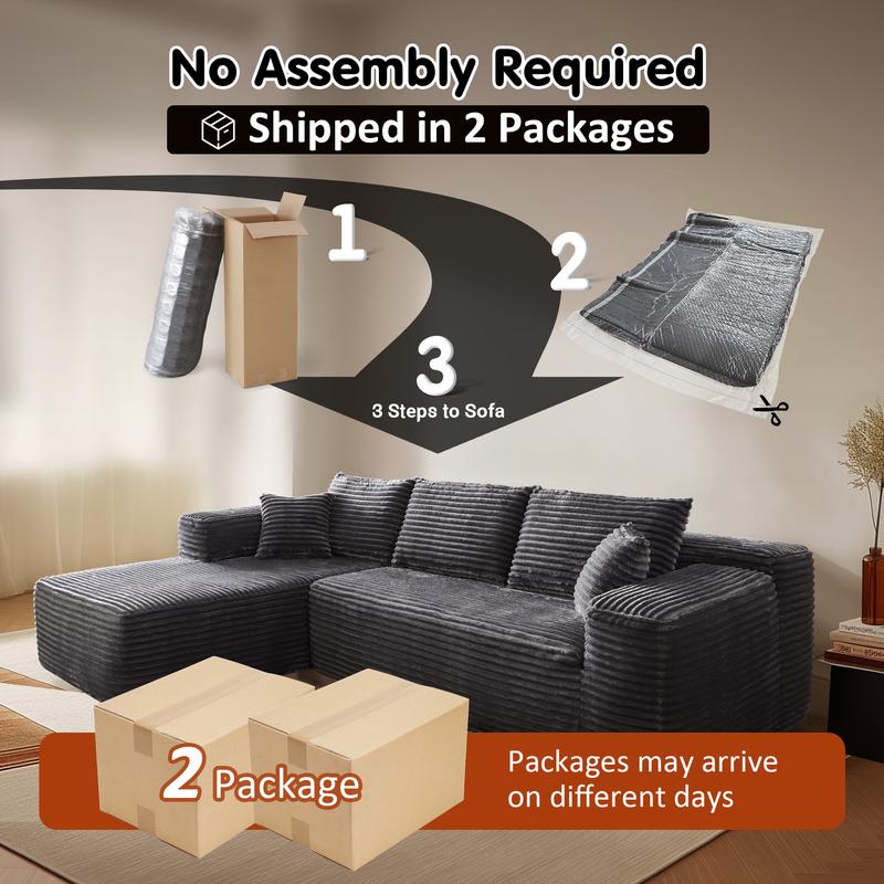 【2 Packages Shipping】Ovios 104" Plush Corduroy Cloud Velvet Modular Couch with Chaise & Ottoman, No Assembly Required - L/U-Shaped Sectional Sofa Set with Flexible Configuration - 104"W x 67.7"D x 30"H, 3 Seater 【2 Packages Shipping】Ovios 104" Plush Corduroy Cloud Velvet Modular Couch with Chaise & Ottoman, No Assembly Required - L/U-Shaped Sectional Sofa Set with Flexible Configuration - 104"W x 67.7"D x 30"H, 3 Seater