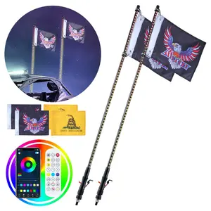 2 PCS 4 FT LED Whip Lights for UTV Night Riding, IP67 Rated Waterproof LEDs, RGB Chasing Lights with APP/RF Remote Control, PC Lamp Tube, Plug-in Base, 4 Flags